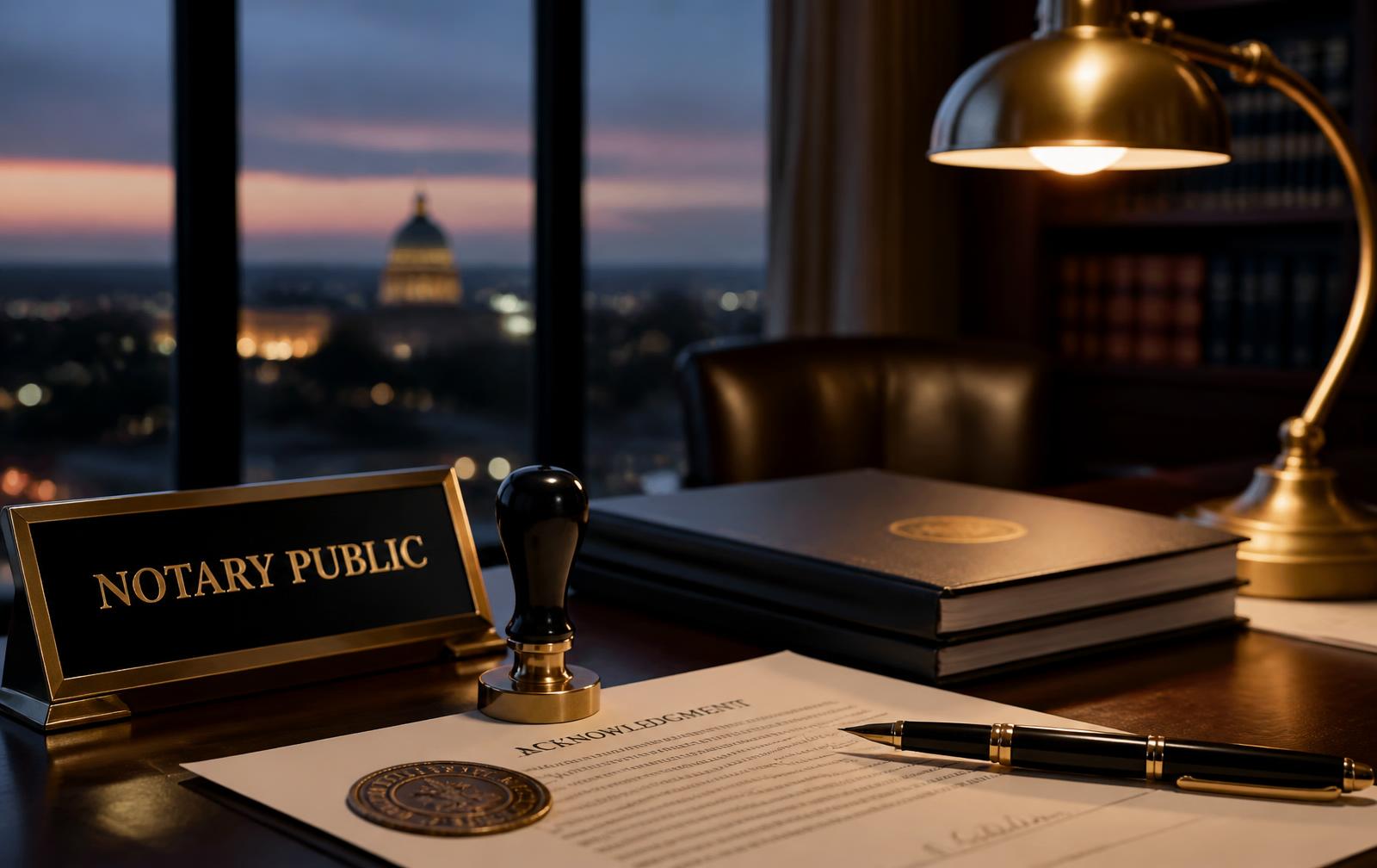 Notary public desk with seal, documents, and fountain pen at dusk